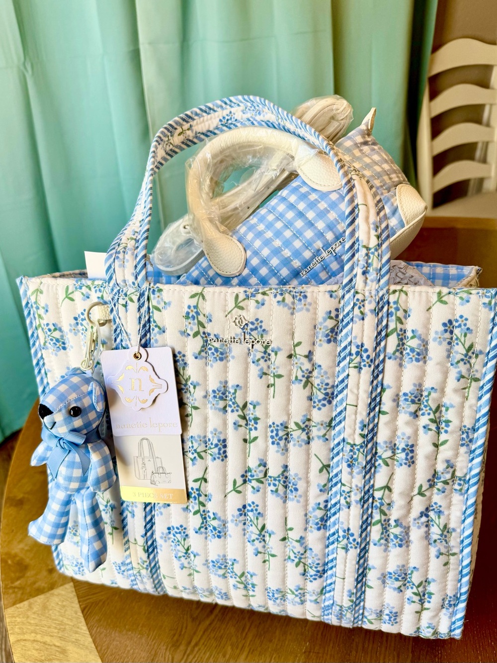 Nanette Lepore ARRABELLA Bag in Bag Teddy Bear Charm BLUE BONNETS GINGHAM Tote